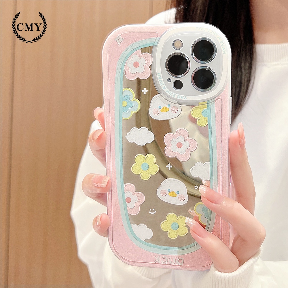 เคสโทรศัพท์มือถือ-แบบนิ่ม-ลายภาพวาดสีน้ํามัน-รูปเป็ด-และดอกไม้-มีกระจกแต่งหน้า-สําหรับ-iphone-11-12-13-pro-max-mini-xr-xs-7-8-plus