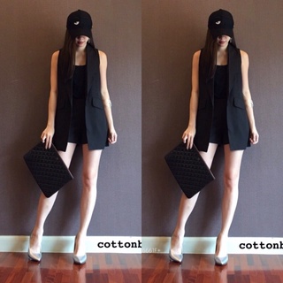 TW6661 Set 2 ชิ้น เสื้อสูทแขนกุด ปกสูทสีพื้นเรียบเนื้อผ้าซาร่า ติดกระดุมหน้า 1 เม็ด กางเกงขาสั้น เอวยืดสม็อคด้านหลัง