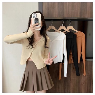Cici(NO.6A71)เสื้อไหมพรมแขนยาวแต่งกระดุม3เม็ดเฉียงคอปก เข้ารูปทรงสวย สวยหรูดูแพง สไตล์เกาหลี