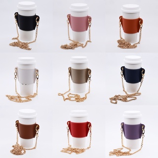 (Normal Size M) Coffee Bubble Tea Cup Sleeve With Metal Crossbody Chain
