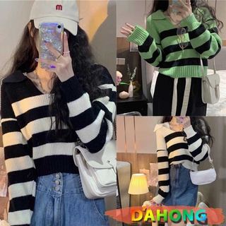 Dahong 💖พร้อมส่ง❄ เสื้อสเวตเตอร์ไหมพรม เเนื้อนุ่ม เสื้อแขนยาวไหมพรม สเวตเตอร์ลายทาง 83068