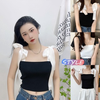 STYLE🔥พร้อมส่ง🔥 98038* เสิ้อกล้ามไหมพรม สายผูกเป็นโบว์น่ารัก เสื้อสายเดี่ยวพรมไหม สไตล์เกาหลีทรงเกาะอกเซ็กซี่