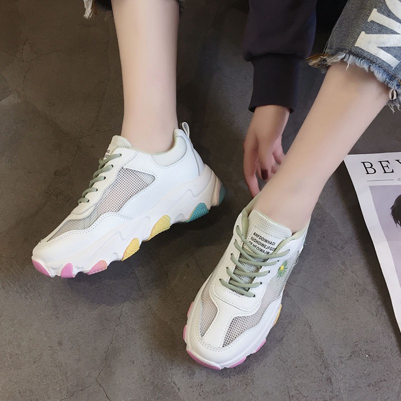 hot-sale-ใหม่รองเท้าสีขาวหญิงพ่อรองเท้านักเรียนฤดูร้อนแฟชั่นเกาหลีลำลองแบนอินซูเปอร์ไฟตาข่ายรองเท้าผู้หญิง