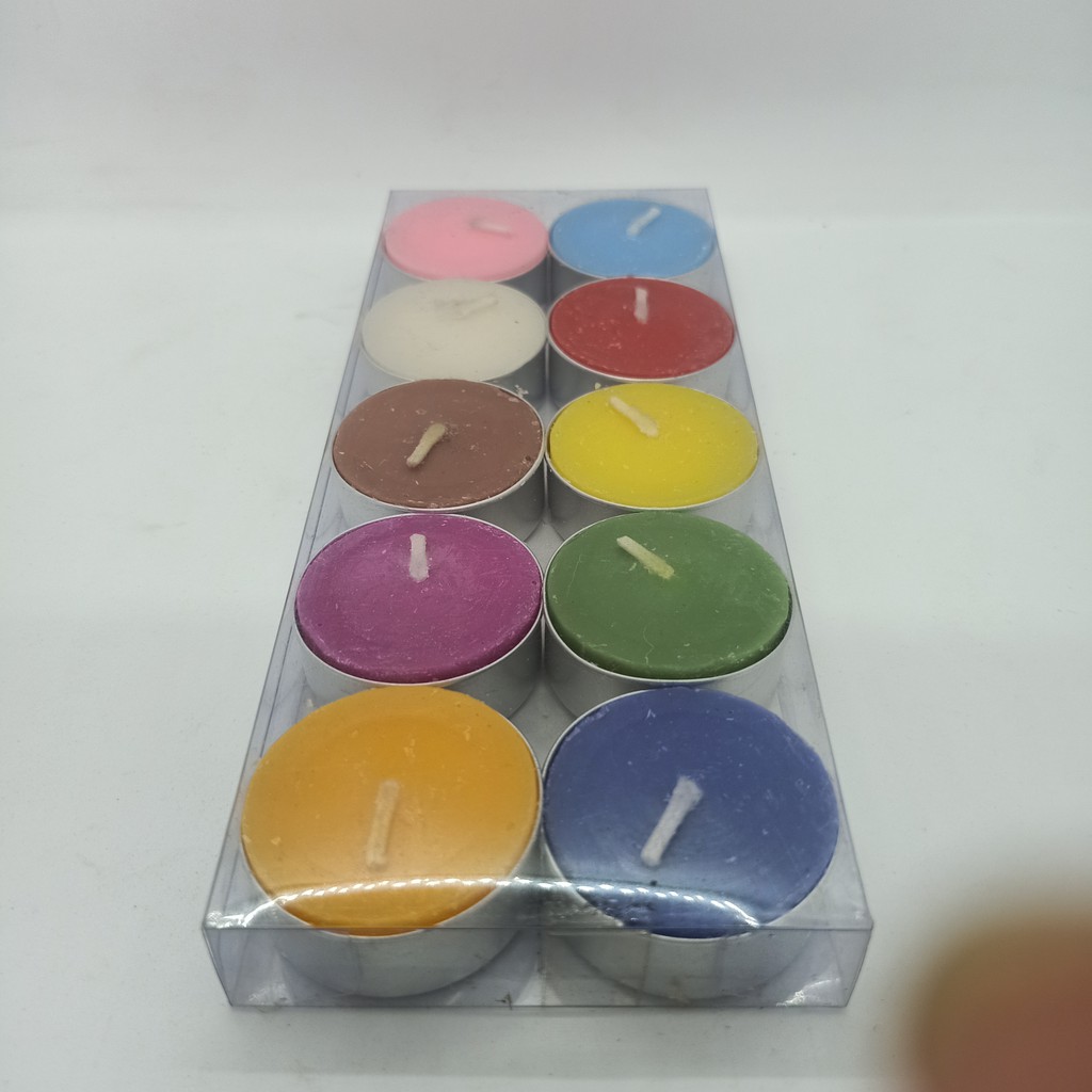 เทียนทีไลท์-tea-light-candle-คละสี-1แพ็คมี-10-ชิ้น-เทียนอุ่นอาหาร-เทียนอโรม่า-เทียนหอม-เทียนสปา-เทียนอุ่นอาหาร