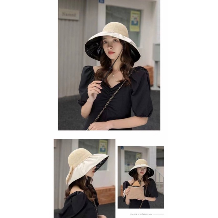 หมวกสานผู้หญิงปีกกว้าง-ปีกเป็นผ้าร่มใส่กันแดดได้-พร้อมส่งจากไทย-s029