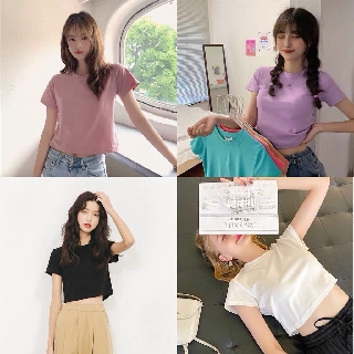 ถูกที่สุด เสื้อครอปแขนสั้นผ้าคัตตอน มี8สี เสื้อยืดเอวลอย ผ้าใส่สบาย