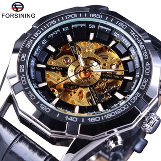 Forsining Automatic Watch Transparent Case PU Leather Steampunk Wristwatch Luminous Hands Men Skeleton Watches Top Brand