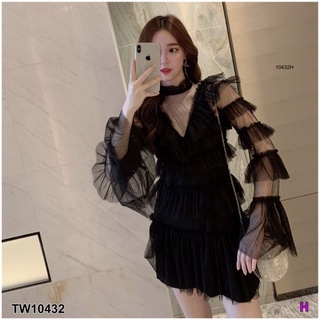 TW10432 Dress 2 ชิ้น เดรสตาข้ายแขนยาว ระบายชั้นๆ ทั้งตัว มีซิปหลัง มาพร้อมเดรสสายเดี่ยวตัวซับใน