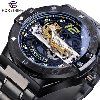 Forsining Classic Bridge Mechanical Watch Men Black Automatic Transparent Gear Full Steel Band Racing Male Sport Watches