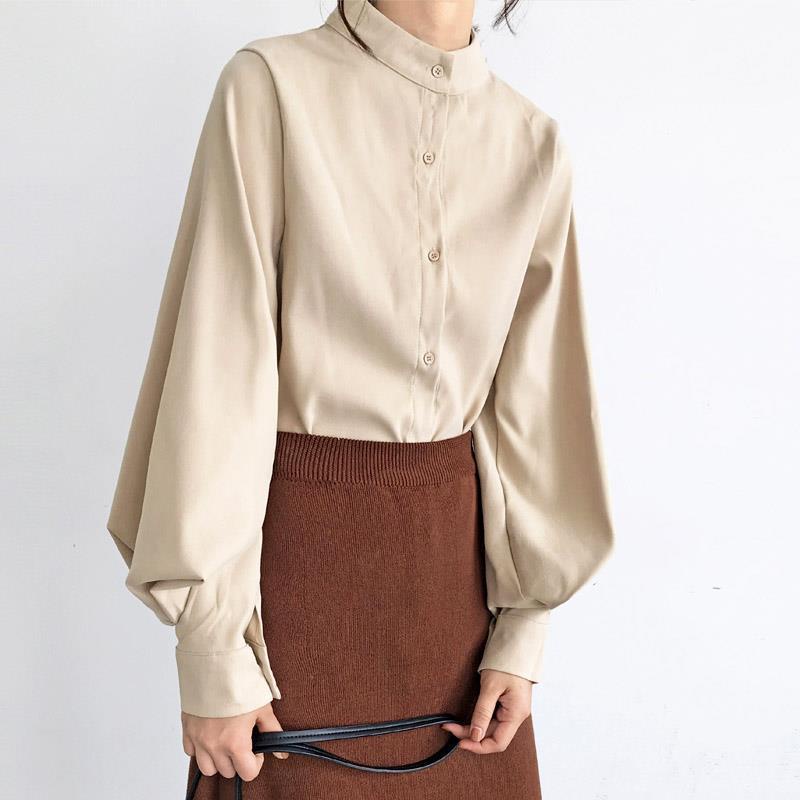 เสื้อเชิ้ตผู้หญิงคอตั้งสีดำ-เสื้อเชิ้ตอารมณ์ฝรั่งเศส-แขนเสื้อ-โคมไฟ-top
