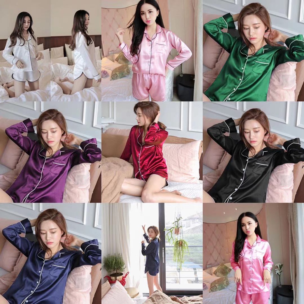 ชุดนอนแฟชั่นเกาหลีชุดนอนผ้าซาติน-women-เสื้อแขนยาว-กางเกงขาสั้น-รุ่น1809