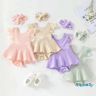 Aqq- ชุดรอมเปอร์ แขนกุด แต่งลูกไม้ สีพื้น + ที่คาดผม น่ารัก สําหรับเด็กทารกแรกเกิดผู้หญิง