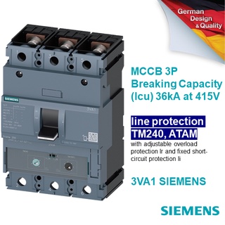 MCCB Siemens รุ่น 3VA1 3P - พิกัดกระแส 250A-630A - Icu up to 36kA at 415V line protection TM240, ATAM