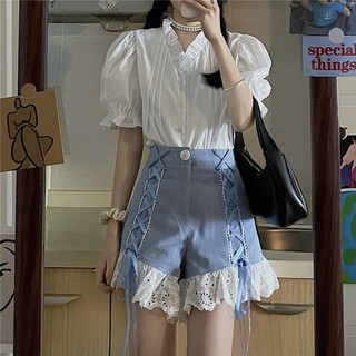 🔥Hot Sale / กางเกงยีนส์ลูกไม้ฤดูร้อนญี่ปุ่นผูกโบว์เอวสูงทุกแมทช์กางเกงขาสั้นขากว้างกางเกงนักเรียนหญิง [จัดส่งภายใน 15 ว