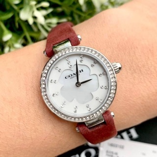 (ผ่อน0%) นาฬิกา Coach Womens Modern Luxury Watch Quartz Mineral Crystal 14503102 สายกำมะหยี่ สีแดง หน้าปัดขาวมุก 26 mm