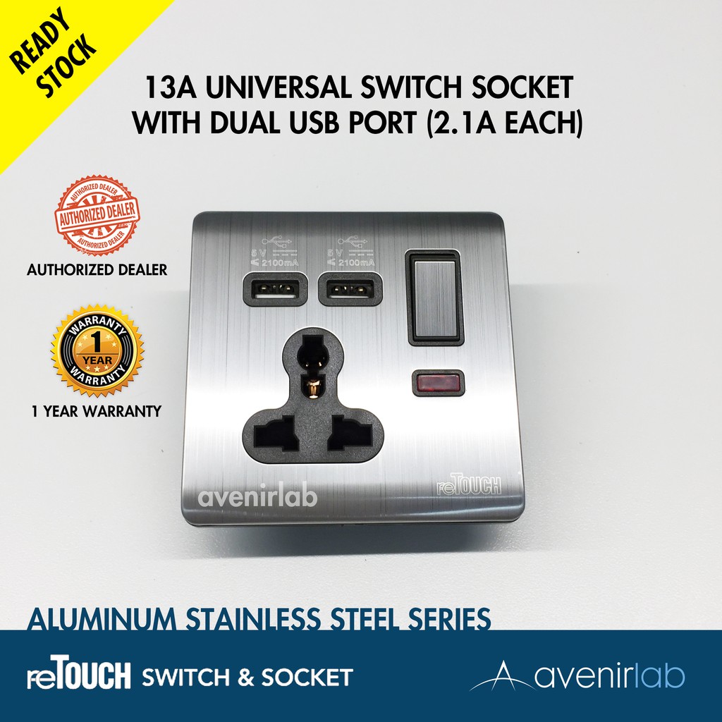 ReTouch อลูมิเนียมสแตนเลส 13A Universal Switch Socket พร้อม Dual 2.1A ...