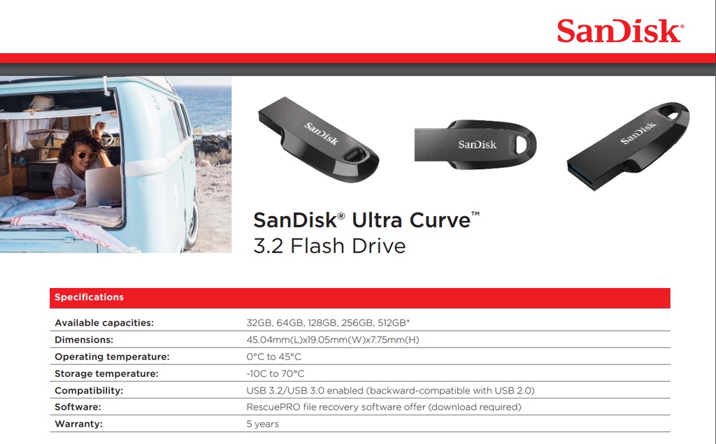 ภาพประกอบของ SanDisk Ultra Curve USB 3.2 Gen1 Flash Drive 32GB, 64GB, 128GB (SDCZ550)