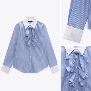 Zara เสื้อเชิ้ตแขนยาว คอปก ลายทาง แฟชั่นฤดูใบไม้ผลิ 2037336เสื้อเบลาส์