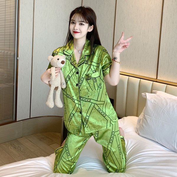 ชุดนอนสตรีผ้าซาติน-m-5xl-สไตล์เกาหลี-ใหม่ล่าสุด-ผ้าซาติน-ใส่สบาย-ขายาว-แขนสั้น