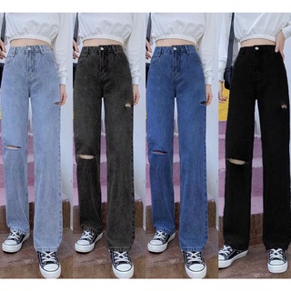 🔥ลด 50% ใส่โค้ด INC8LZ3🔥 กางเกงยีนส์ขายาว เอวสูง ขาบานแบบขาดๆ สไตล์เกาหลี  สวยๆเก๋ๆ#822มีไซส์ S-2XL