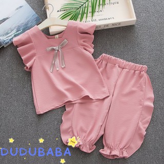 ( dudubaba ) เสื้อแขนระบาย แต่งโบว์ พร้อมกางเกงขาสั้น สำหรับเด็ก อายุ 2 - 8 ปี