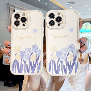 เคสโทรศัพท์มือถือหนัง ลายดอกทิวลิป สีม่วง สําหรับ iphone 13 pro max 12 pro max 11 pro max XS max XR X 6 6S 8 SE2020 SE2022 SE2 SE3 7PLUS 8PLUS 7 PLUS iphone11 iphone12 iphone13