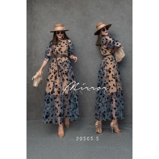 ป้าย-mirrorsister-20505-5-เดรสผ้าซีทรูลายดอกกำมหยี่สีดำ-คอตั้งแต่งกุ๊นระบาย-มีซับใน-มาพร้อมเข็มขัด