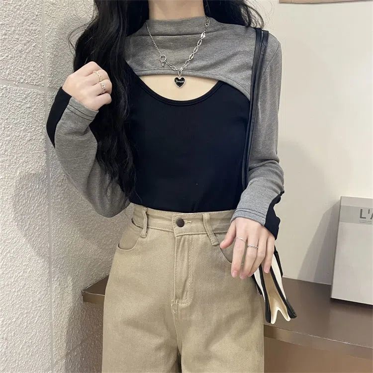 เสื้อยืดคอเต่า-เข้ารูป-สีคอนทราสต์-สไตล์เรโทร-สําหรับผู้หญิง