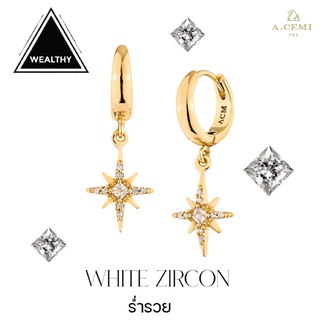 A.CEMI White Zircon 8 Fortune Star Hoop ต่างหูเพทาย ร่ำรวย ต่างหูพลอยแท้ ของขวัญ ต่างหูไม่แพ้