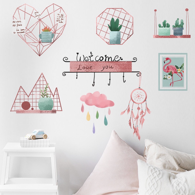 zooyoo-สีชมพู-mood-potted-plant-ตกแต่งสติ๊กเกอร์ติดผนัง-dream-catcher-flamingo-ภาพวาดตกแต่งบ้าน-wall-sticker