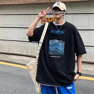 【cotton Tshirts👕】เสื้อยืดแขนสั้นลําลอง ทรงหลวม พิมพ์ลายวิวทะเล สไตล์ฮ่องกง แฟชั่นฤดูร้อน สําหรับผู้ชาย และผู้หญิง