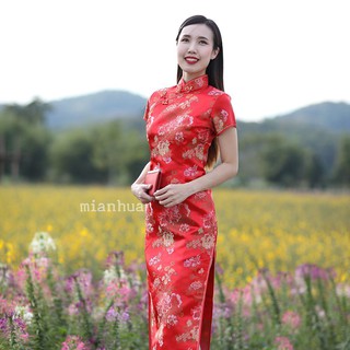 1102 ชุดตรุษจีนผู้หญิง (ชุดกี่เพ้า) แบบยาว สีแดง ลายรวมดอกไม้มงคล