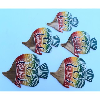 ปลาไม้ไทย (5 ชิ้น) Thai wood fish ทำด้วยไม้สัก งานฝีมือการแกะสลักปลา เพ้นท์สี น้ำหนัก 367 กรัม เป็นมิตรกับสิ่งแวดล้อม