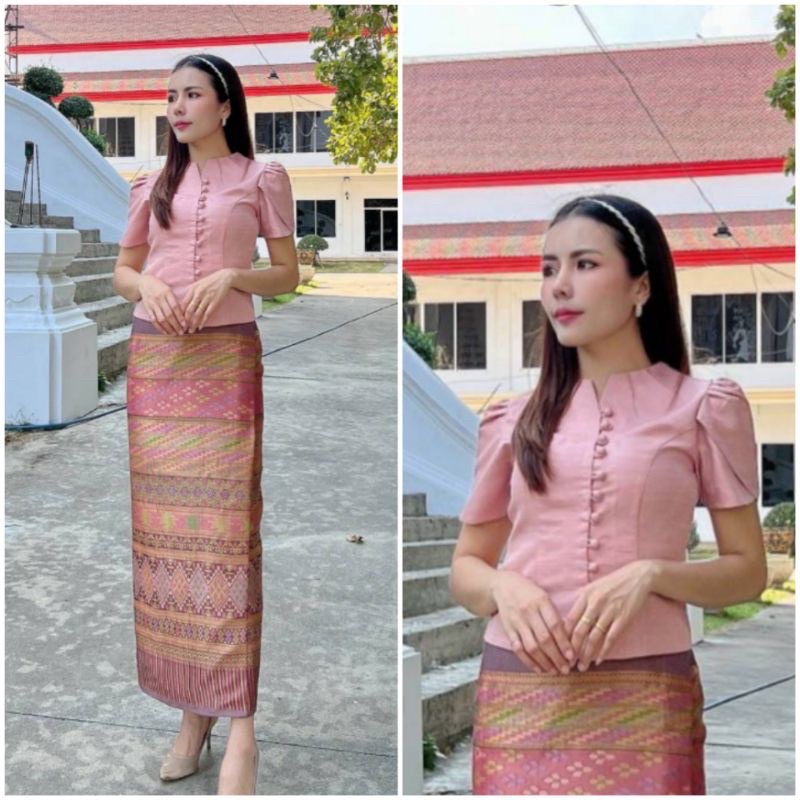 ชุดไทยขายยกเซ็ต เสื้อผ้าไหมลาวสีชมพูโอรส พร้อมผ้าถุงอัดกาวธีมเดียวกัน ...