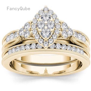 Fancyqube ชุดแหวนเพชรสีขาวทอง 18 K สําหรับผู้หญิง 2 ชิ้น / ชุด
