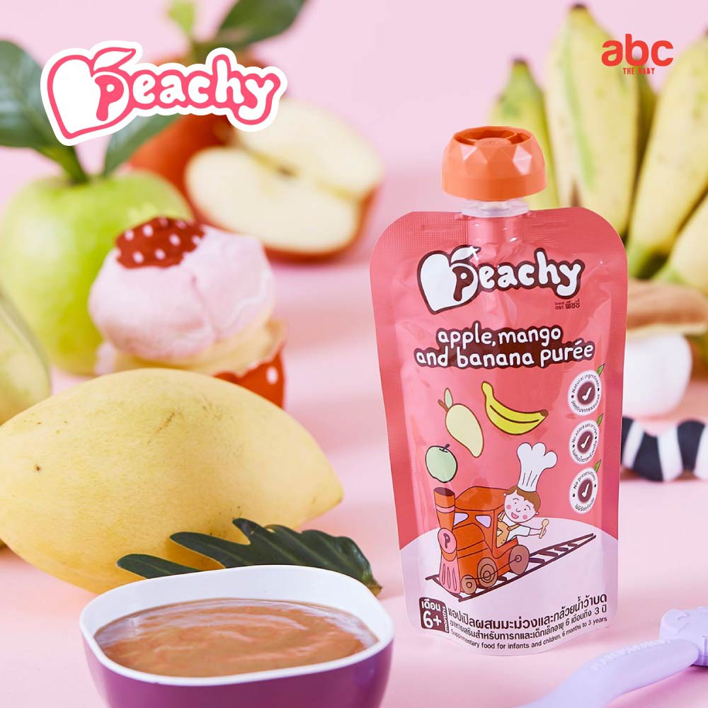 peachy-อาหารเด็ก-บดเหลว-รสแอปเปิ้ลผสมมะม่วงและกล้วยน้ำว้าบด-apple-mango-and-banana-puree-6m-จำนวน-3-ซอง