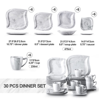 ✧MALACASA Elvira 30-Piece Marble Porcelain Dinnerware Set with 6*Dinner Plate,Dessert Plate,Soup Plate,Cup&amp;Saucer Tablew