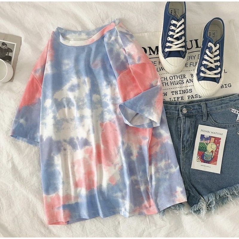 พร้อมส่ง-เสื้อมัดย้อม-ลายมัดย้อม-ทรงoversize-ผ้าไม่ยับไม่ย้วย-ไม่ต้องรีด-คอกลม-สไตล์เกาหลี-สีพาสเทล-น่ารักๆ