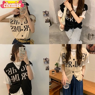 Chemisegrace✨พร้อมส่ง✨เสื้อกั๊กไหมพรมพิมพ์ลายตัวหนังสือ เสื้อกั๊กหญิง สไตล์ย้อนยุค เสื้อกั๊กแขนกุด แฟชั่นเกาหลี  94112