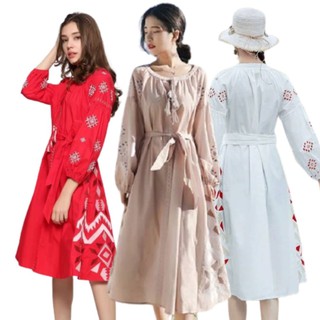 เสื้อผ้าแฟชั่นผู้หญิง ชุดกระโปรง เดรสยาวสไตล์เกาหลีผูกเอว