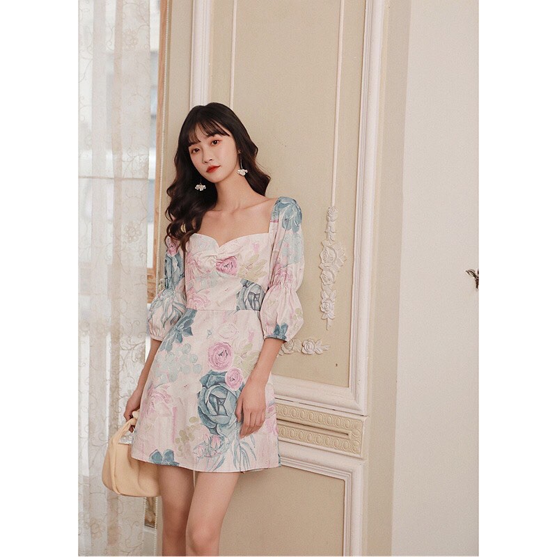 พร้อมส่ง-pink-rose-mini-dress-มินิเดรสลายดอกกุหลาบสีชมพูสดใส-น่ารักมาก