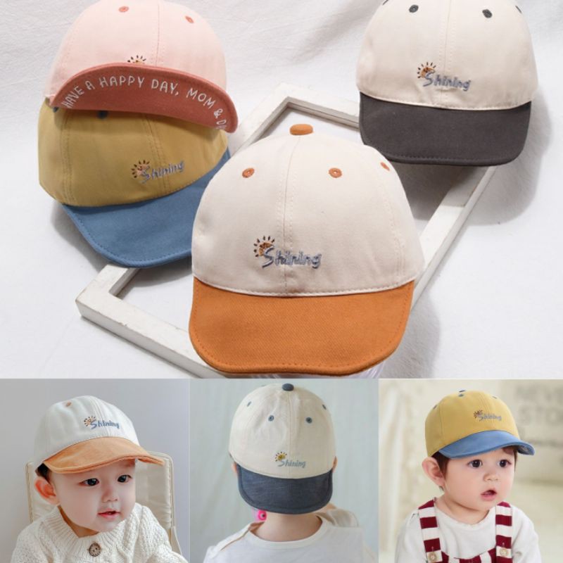 ภาพหน้าปกสินค้าหมวกเด็ก 6เดือน - 3ปี รอบหัว 49-50cm. หมวกแก๊ปแฟชั่นสำหรับเด็ก ผ้า COTTON สีทูโทน ปักอักษร shining ️
