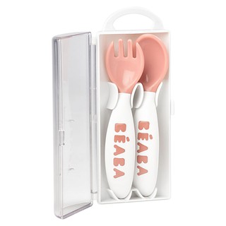 BEABA ช้อนส้อมพร้อมกล่อง  2nd Age Training Fork And Spoon (Storage Case Included) - Vintage Pink