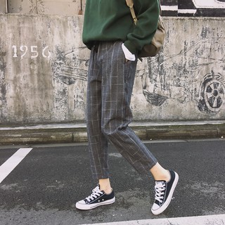 กางเกงผ้าขายาว สีเทา/กรม I Grid Pants