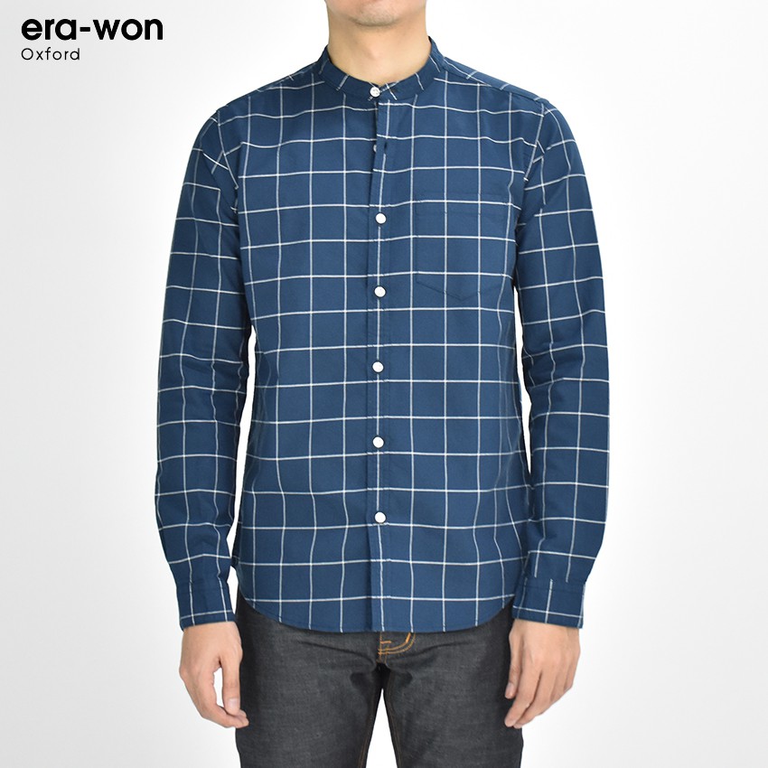 erawon-shop-1717bw-เสื้อเชิ้ตผู้ชายแขนยาว-อ็อกส์ฟอร์ด-คอจีน-graph-checked-mandarin-collar-ทรง-regular-fit-สี-blue-world