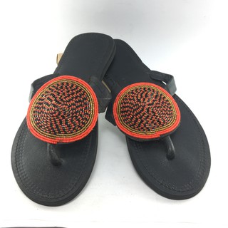 รองเท้าแตะหนังแท้(Maasai sandals, African sandals) ปักลูกปัดสีแดง ดำ ทองนำเข้าจากเคนย่า Size 39 ยาว 25 cm