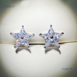 Fancy ต่างหูสตั๊ด คริสตัล ลูกบาศก์ เพทาย ดาว สําหรับผู้หญิง สีเงิน เครื่องประดับ ของขวัญแฟนซี เด็กผู้หญิง