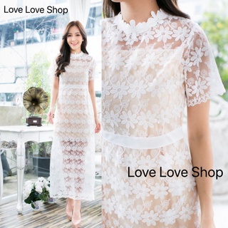 เดรสลูกไม้มี4สี!!! M-L Maxi Dress เดรสลูกไม้ขาวแขนสั้นผ้าซีทรูปักลาย งานป้าย Love love