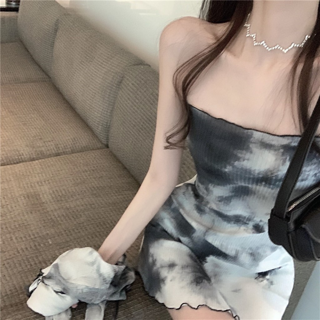 fc-พร้อมส่ง-ชุดเซ็ต2ชิ้น-ลายมัดย้อม-มินิเดรสเกาะอก-เสื้อคลุมแขนยาวทรงครอป-แฟชั่น