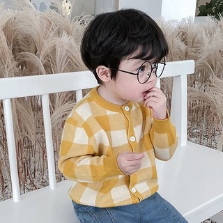 🔥BaiLe🔥Baby Knitwear 2021 Spring and Autumn New Korean Thin Cardigan Jacket Boys Plaid Sweater Western Style New Trend